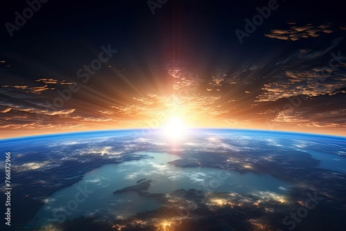Panoramic view of the Earth, sun, star and galaxy. Sunrise over planet Earth, view from space - generative ai © Nia™