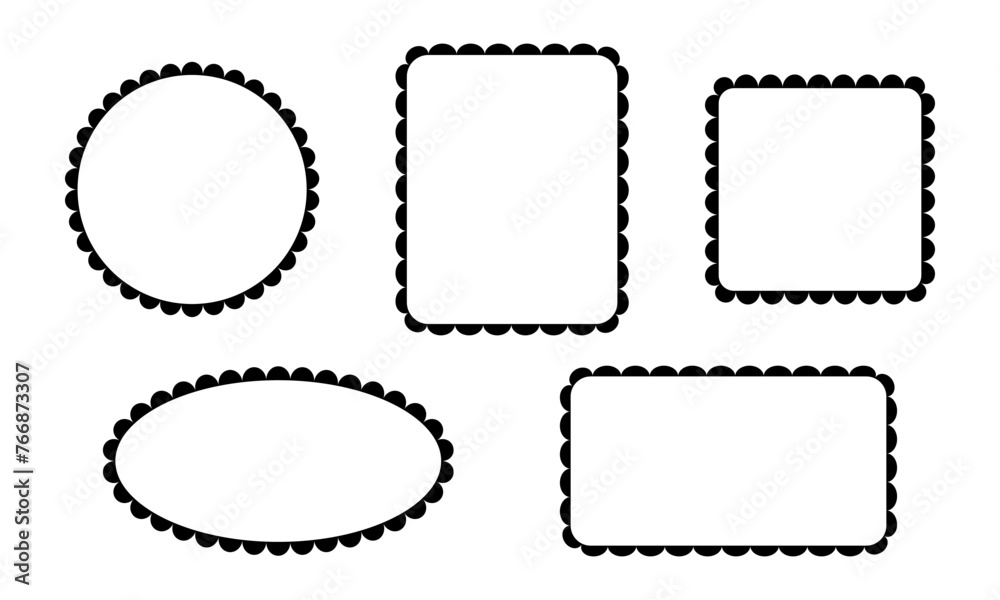 Set of round, square, rectangle and oval frames with wiggly borders. Tags, labels, stickers, text boxes templates with scallop edges isolated on white background. Vector graphic illustration. Set of round, square, rectangle and oval frames with wiggly borders. Tags, labels, stickers, text boxes templates with scallop edges isolated on white background. Vector graphic illustration.