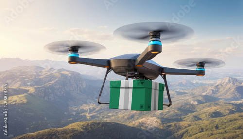Package cardboard box with flag Nigeria drones fly above sky, business concept and air transportation industry, unmanned aircraft robot to home,and controlled by remote AI