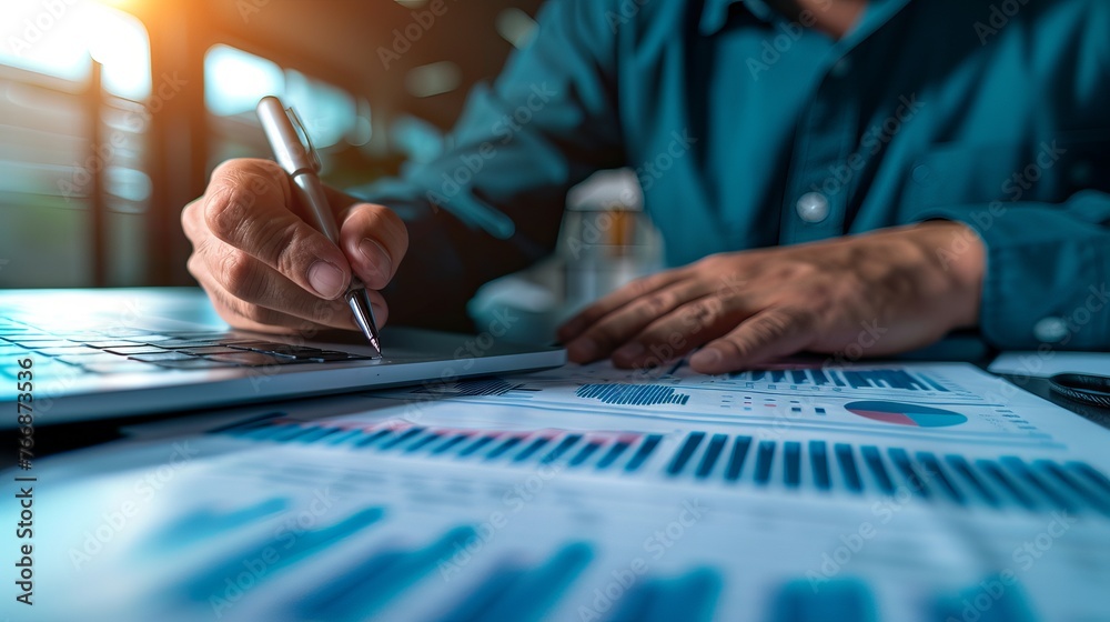 Businessman analyzing financial growth and investment data with strategy plan on blue background Businessman analyzing financial growth and investment data with strategy plan on blue background