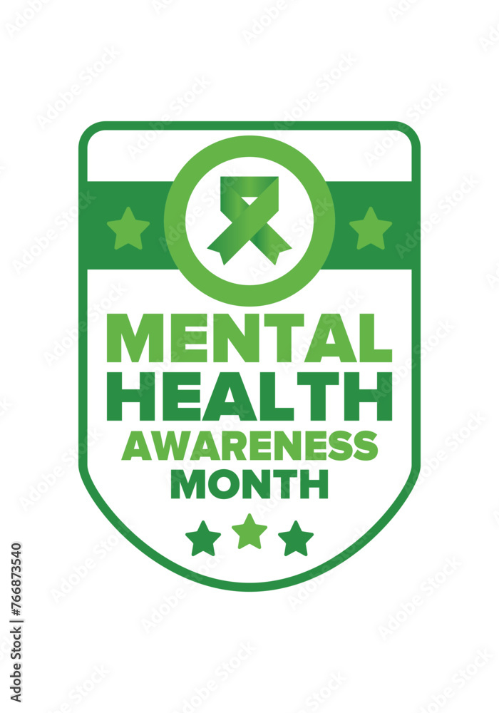 Mental Health Awareness Month in May. Annual campaign in United States. Raising awareness of mental health. Control and protection. Prevention campaign. Medical health care design. Vector illustration Mental Health Awareness Month in May. Annual campaign in United States. Raising awareness of mental health. Control and protection. Prevention campaign. Medical health care design. Vector illustration