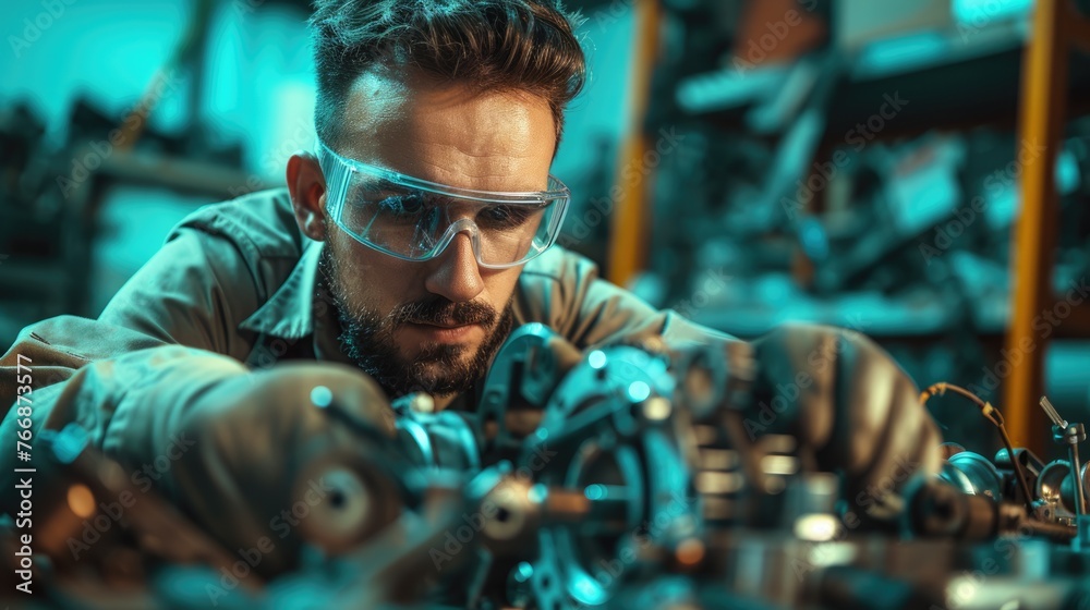 An engineer, wearing safety glasses, is operating a machine in a factory with a bright smile on his face. AIG41