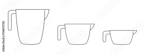 Set of measuring cup icons without capacity scales. Empty liquid containers for cooking isolated on white background. Vector outline illustration.