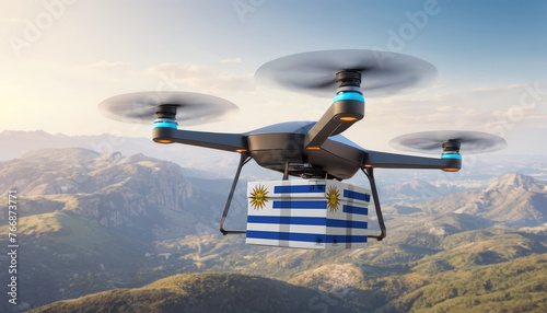 Package cardboard box with flag Uruguay drones fly above sky, business concept and air transportation industry, unmanned aircraft robot to home,and controlled by remote AI photo