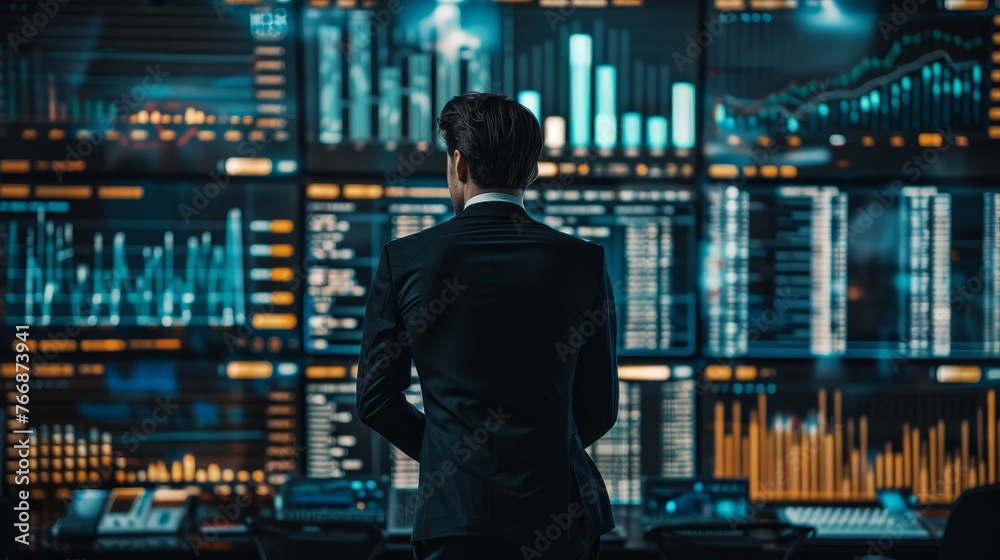 Businessman is watching the fall and rise of stocks on a big screen monitor