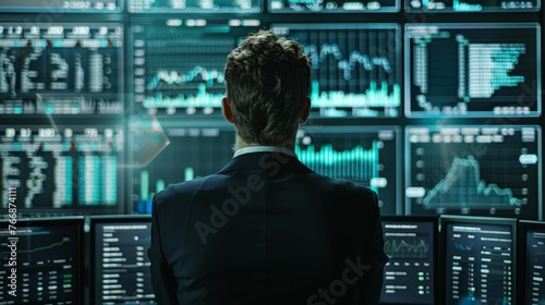 Businessman is watching the fall and rise of stocks on a big screen monitor