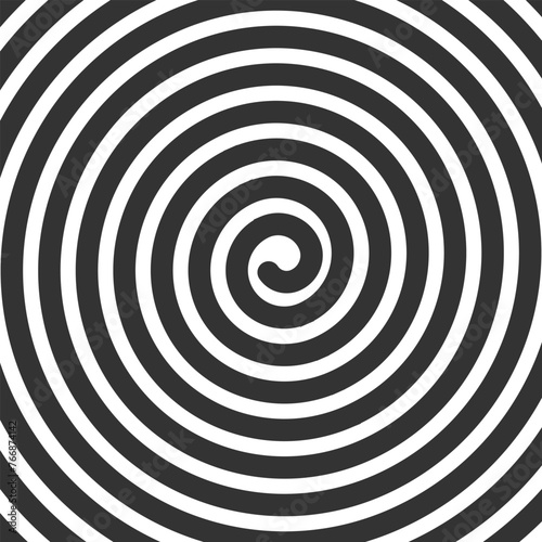 Spiral background. Wallpaper with thick black swirl line. Dizzy hypnotic monochrome pattern. Vertigo, whirlpool, tornado or whirlwind print. Snail shell texture. Vector graphic illustration.