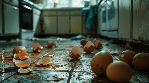 The broken eggs on the kitchen floor 