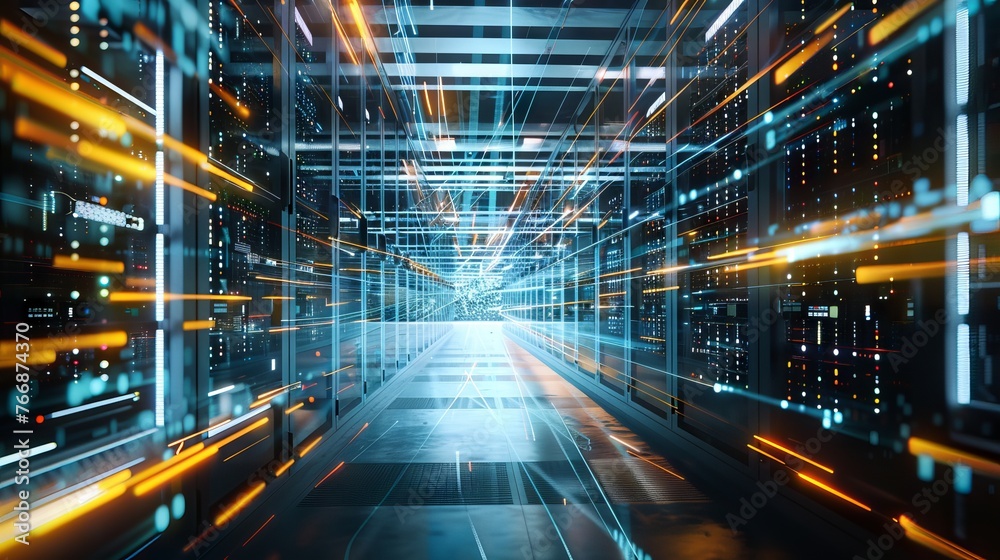 Digital information flow: data servers behind glass panels in server room of data center or internet service provider, technology concept