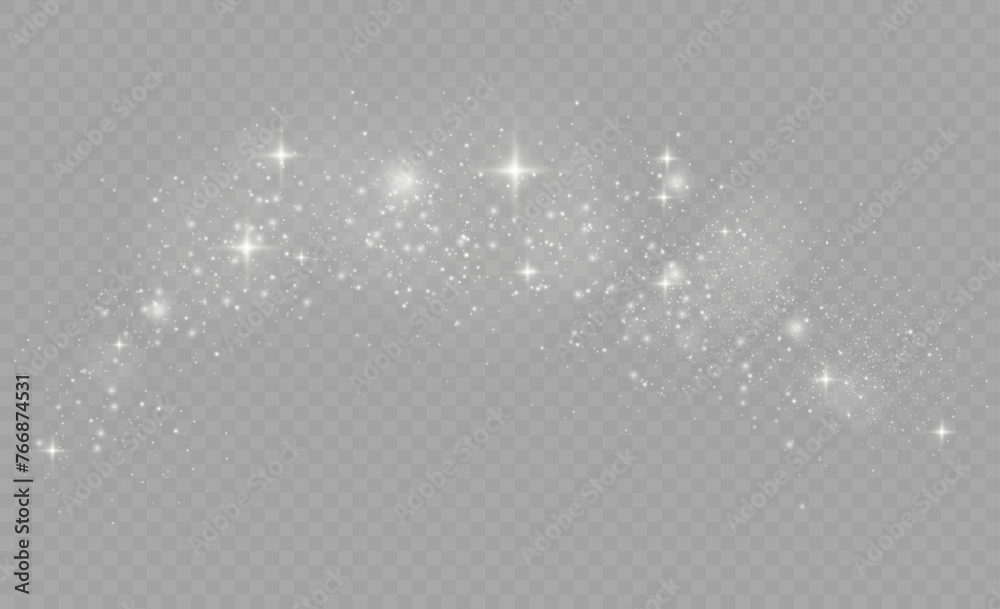 Glow effect. Vector illustration. Flash of dust. White sparkles and shine special light effect. Vector sparkles on a transparent background. Sparkling magic dust particles