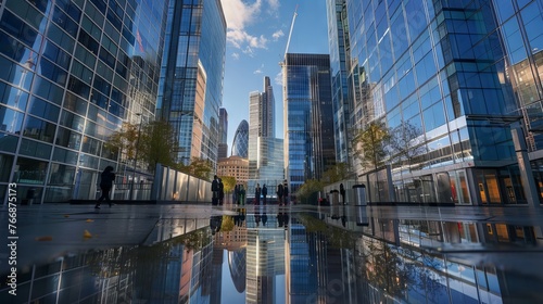 Modern metropolis: reflective skyscrapers and corporate office buildings towering over urban landscape