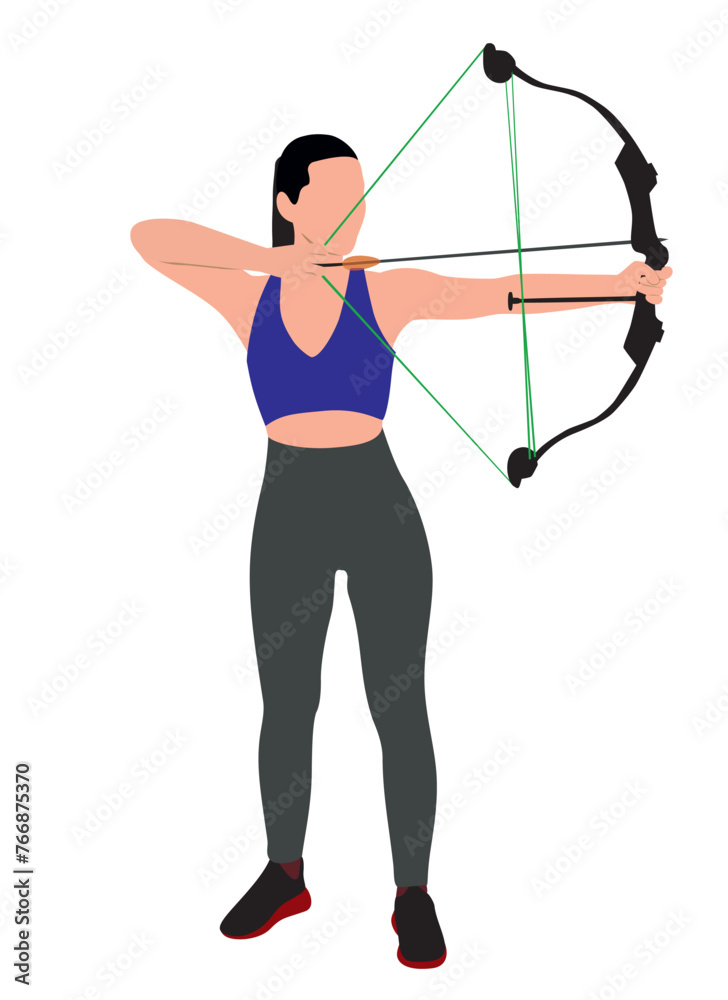 Obraz premium Young archer woman pulling the bow to shooting an archery target. Archery sport training and exercising concept. Realistic design vector illustration