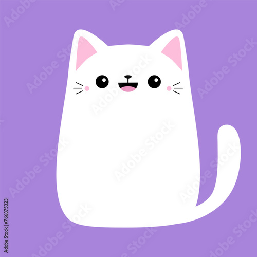 Cute white cat silhouette icon. Funny kitten face head, tail. Cartoon kawaii baby character. Pet animal. Pink ears, cheeks. Valentines day love card. Sticker print Flat design Violet background Vector © worldofvector