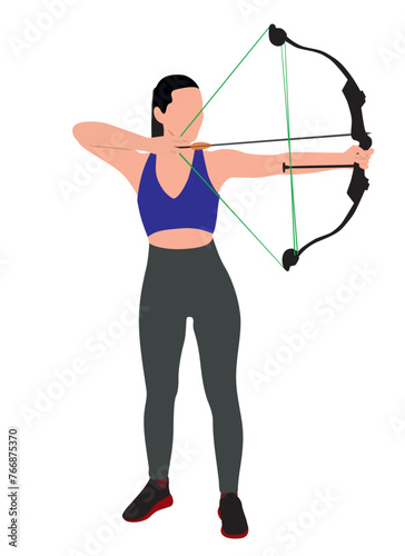  Young archer woman pulling the bow to shooting an archery target. Archery sport training and exercising concept. Realistic design vector illustration