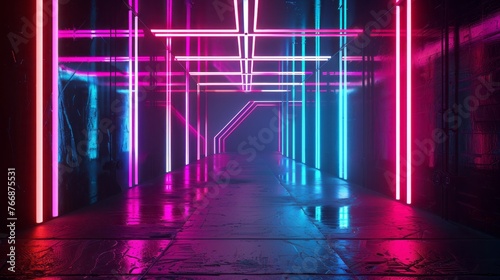 Create a neon grid of lines and shapes against a dark background, perfect for futuristic and cyber-themed advertising campaigns. 