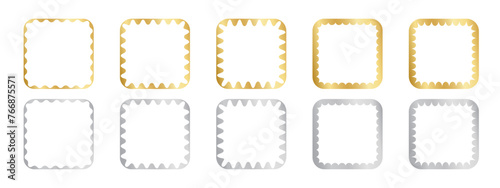 Set of gold square mirror, photo or picture frames with wiggly inner borders. Design elements with scalloped edges. Golden labels, stickers or tags isolated on white background. Vector illustration.