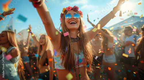 Cheerful woman during a music festival on sunny day