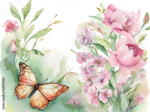 花の蜜を吸う蝶の水彩イラスト Generative AI