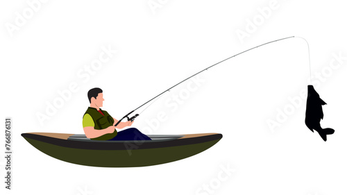 Fishermen in kayak holding spinning. Fisher with fish, fishing accessory, hobby angling vacation vector characters. Fishing catch, hobby leisure activity illustration