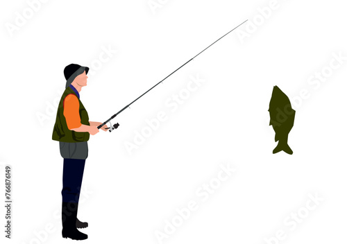 Fishermen spinning. Fisher with fish, fishing accessory, hobby angling vacation vector characters. Fishing catch, hobby leisure activity illustration