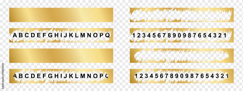 Set of golden scratch card whole and scraped textures isolated on transparent background. Collection of lotto winner, money prize, promo code, gift scratchcards templates. Vector illustration. - obrazy, fototapety, plakaty 