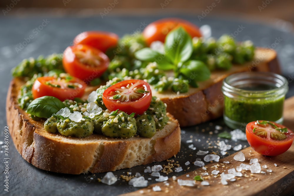 Bruschetta mit Pesto Genovese, Cherrytomaten und Meersalz Bruschetta mit Pesto Genovese, Cherrytomaten und Meersalz