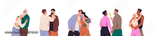 Different couples set. People, boys, girls hold hands together on romantic date. Old man and woman love. Young gays hug. Homosexual relationship. Flat isolated vector illustration on white background