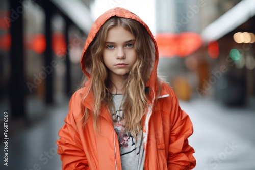 Portrait of a young girl in an orange raincoat on the street