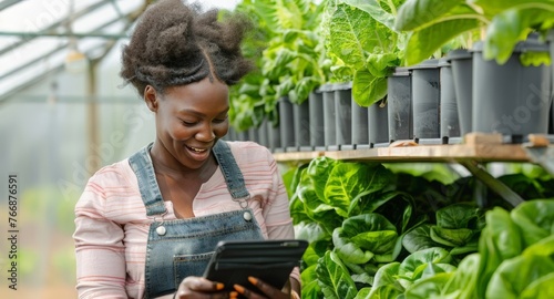 A  african american woman  farmer carefully examines plants growing on a vertical rack  hydroponic farm. An agricultural technician works on a tablet. Analyzes the growth and condition of seedlings. photo