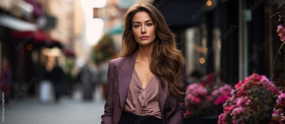 A blond woman in magenta formal wear is strolling down the city street, her electric blue jacket sleeves swaying with each step, a smile on her face
