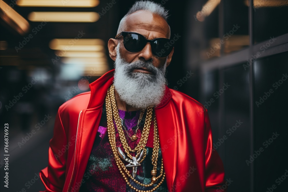 Portrait of senior man in red jacket and sunglasses on city street. Portrait of senior man in red jacket and sunglasses on city street.