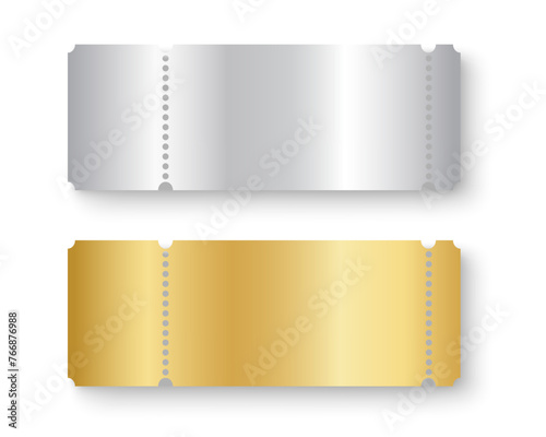 Silver and gold tickets mockups. Shining metallic raffle, win lottery, jackpot lotto, coupon offer templates. Cards for entrance or seating in luxury style. Vector realistic illustration.