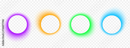 Set of blurry round frames. Circle shapes with purple, orange, blue and green neon gradient borders isolated on transparent background. Abstract design elements with empty space. Vector illustration.