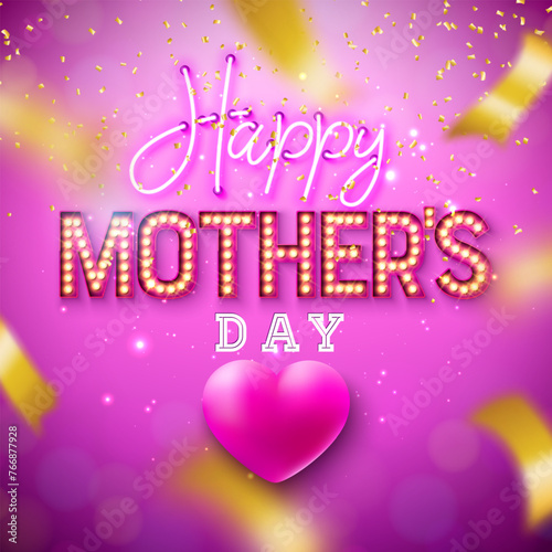 Happy Mother's Day Greeting Card Design with Heart, Glowing Neon Light Lettering and Falling Confetti on Violet Background. Vector Mother Day Celebration Illustration with Symbol of Love for Postcard