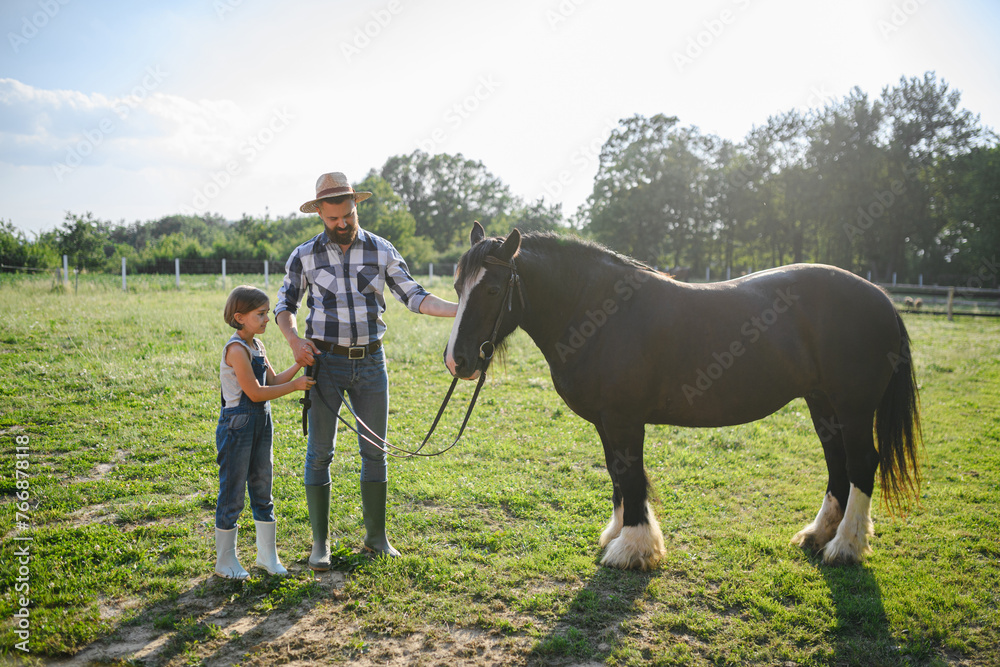 Father and young daughter taking care of a horse on a farm, leading it to the paddock. Concept of multigenerational farming. Father and young daughter taking care of a horse on a farm, leading it to the paddock. Concept of multigenerational farming.