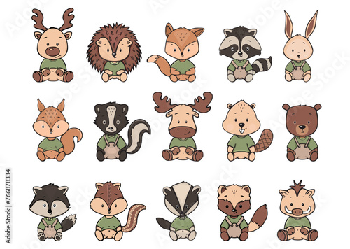 collection of cute woodland animals vector. set of forest animals vector children's illustration