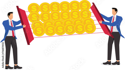 Wealth Sorting and Management, Investment Product Management, Wealth Programs, Merchants use rakes to sort out gold coins that are neatly stacked on the ground