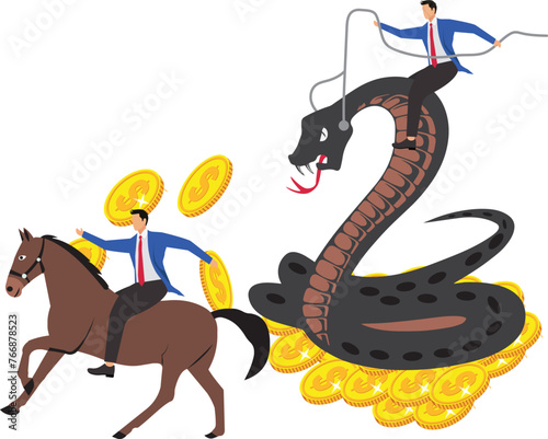 Frauds, scams or traps, investment risks or money traps, banking or savings crises, illegal investments, businessmen sitting on the heads of giant vipers chasing fleeing piggy banks