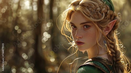 Blonde elf girl with green eyes and pointed ears. Mystical creature from fairy tale, portrait. Close-up face of attractive young woman. Magic forest background. Mythical female pixie. Fairy costume. photo