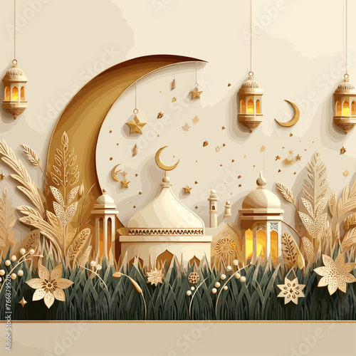 Flat paper style Ramadan Mubarak Greeting Card with Gold Lantern and Grass Field Painting