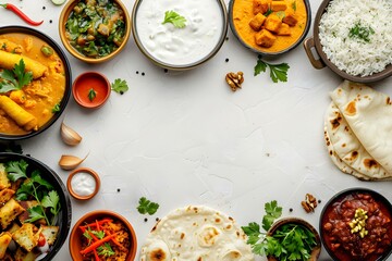 Indian food buffet spread on a white table with various dishes like curry samosa rice and chicken tikka masala. Concept Indian cuisine, Food photography, Buffet spread, Culinary creations