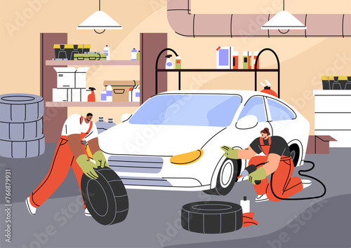 Tire service in auto repair station. Professional mechanics change, fitting wheels. Repairmen fix breakdowns, problems of car suspension in automobile workshop, garage. Flat vector illustration