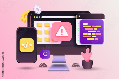 Web UI-UX design, web development concept. Web design, application design, coding, and web building on pink background. 3d Vector Illustration