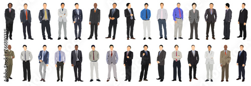 Set or collection of business people. Businessman standing on isolated white back ground.	