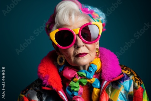 Fashionable senior woman with bright make-up and sunglasses.