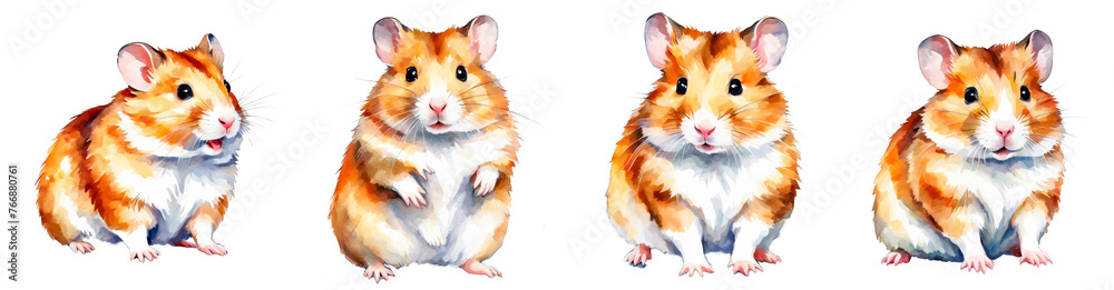 Cute hamster watercolor illustration, Set of 4 hamster, different poses, pet, animal, orange, for scrapbook, journal, presentation, cutout on white background