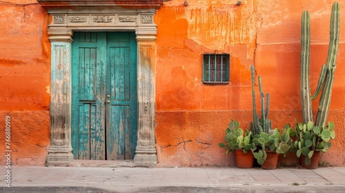 Traditional architecture with orange house with old wooden green door and on street