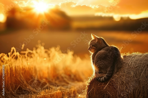 Serene Sunset Serenade With a Contemplative Cat on a Straw Bale in the Countryside