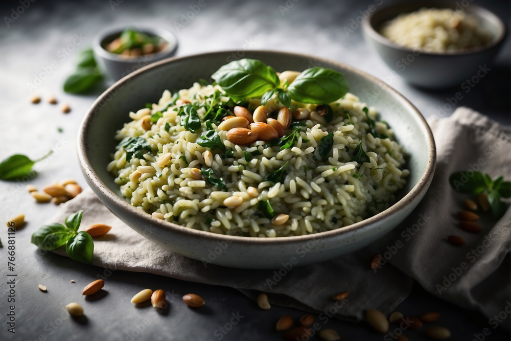 Klassisches Risotto al Pesto mit gerösteten Pinienkernen und frischem Basilikum