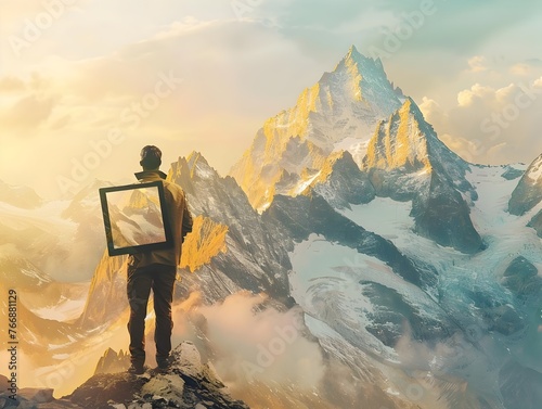 Man on Mountain Peak with Empty Frame, Capturing Scenic Landscape photo